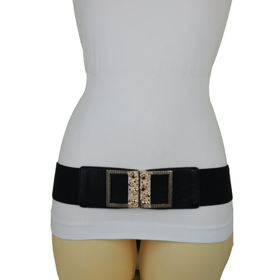 Women Black Elastic Fashion Belt Gold Metal Skull Buckle S M