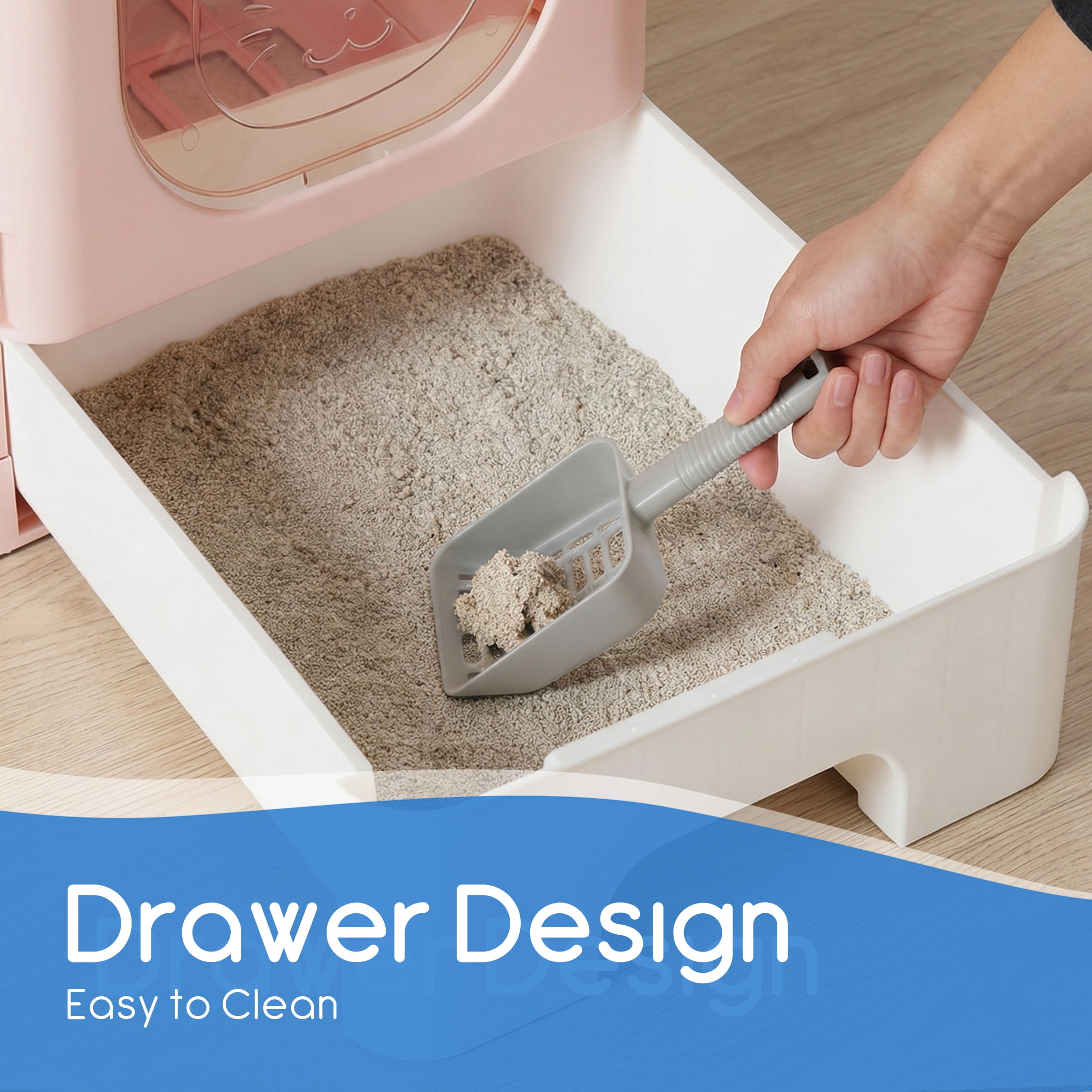 EDX Large Foldable Cat Litter Box with Lid, Enclosed Anti-Splashing Cat Box with Litter Scoop, Front Entry Top Exit Kitty Litter Box with Door, Drawer Design, Easy Cleaning & Odor Control, Pink