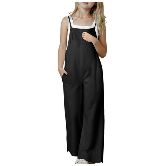 Zanarzt Girl Cotton Jumper Girls' Casual Sleeveless Jumpsuits Spaghetti Strap Loose Romper Long Pants with Pockets Black,4-5 Years