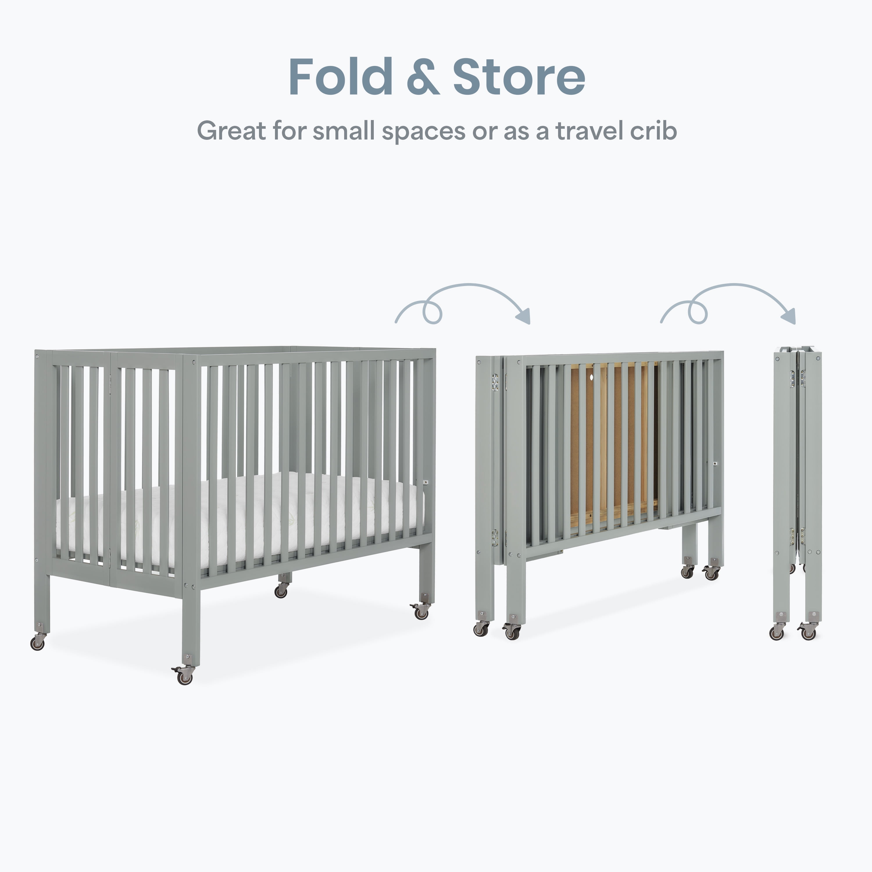 Dream On Me Quinn Full-Size Folding Crib, Removable Wheels, Modern Nursey, Adjustable Mattress Support, Patent Folding System in Cool Gray