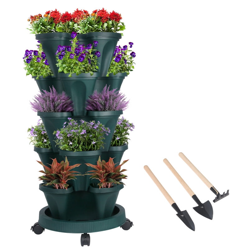 DUNCHATY 5 Tier Stackable Growing System for Strawberries and Herbs, High-Capacity Vertical Planter Tower, Outdoor Raised Garden Bed Alternative with Drainage Holes (Green)