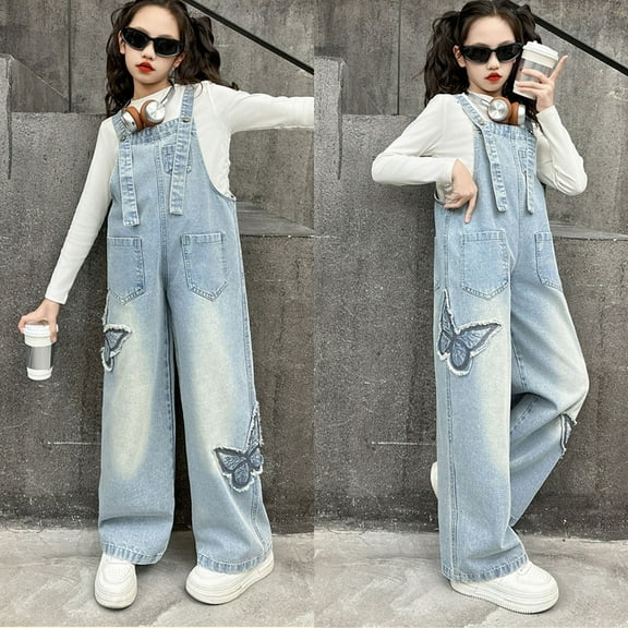 Girls Jean Overalls Jumpsuits Kids Casual Sleeveless Overalls Girls Wide Leg Jeans Pants Girls Overalls with Pockets Little Girl Clothes 8-10 Years