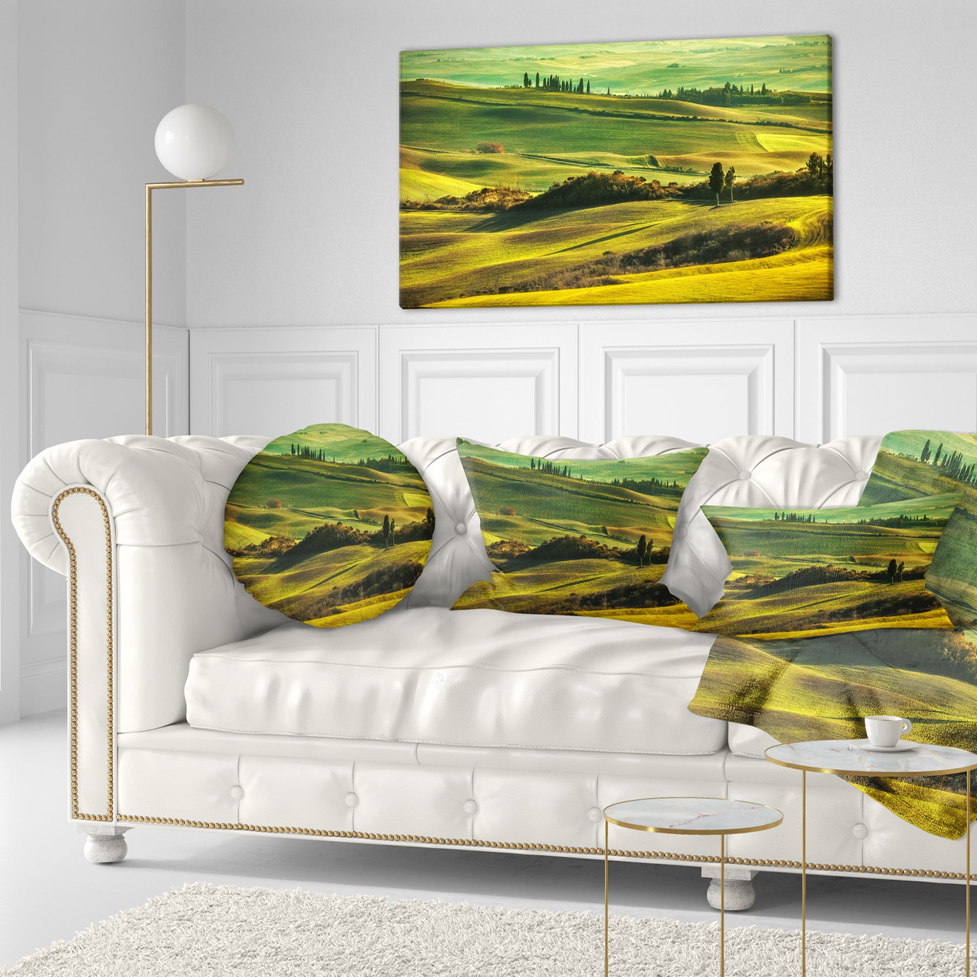 Designart Green Rolling Hills on Misty Sunset - Landscape Wall Throw Pillow - 12x20