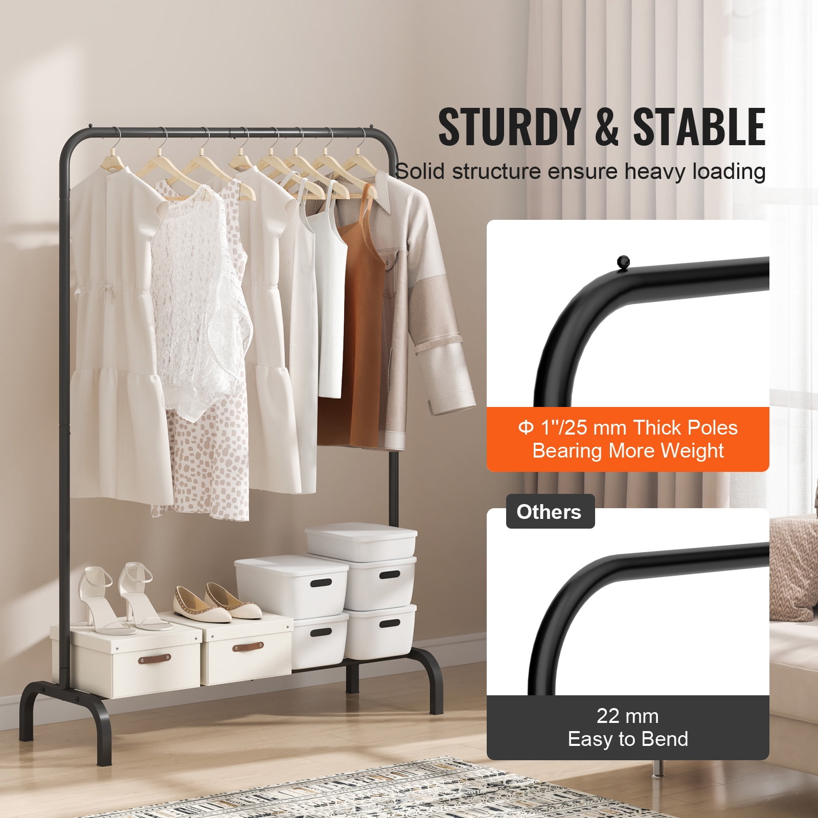 VEVOR Clothes Rack Heavy Duty Clothing Garment Rack with Hanging Rod and Lower Storage Bedroom Black