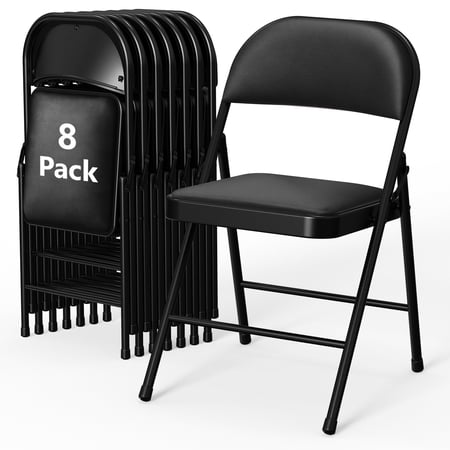 HaiCube 8-Pack PU Leather Padded Folding Chair, Heavy Duty Portable Folding Chair with Metal Frame, No Assembly Indoor Chair, Black
