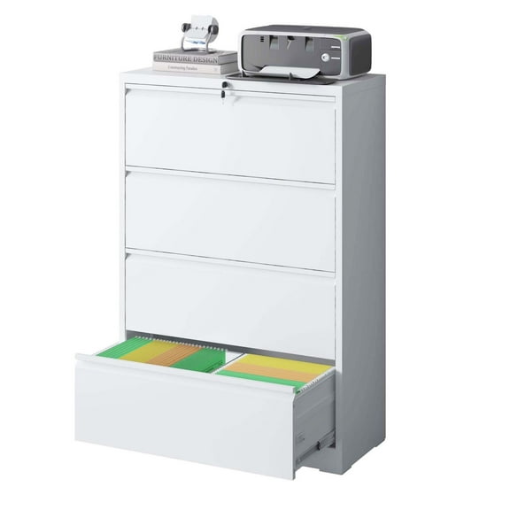 Lateral File Cabinet 4 Drawer White, Lockable Office File Cabinet, Metal Filing Cabinet for Legal/Letter/A4/F4 Files, Secure Document Storage