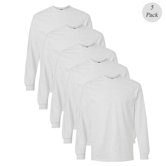 Gildan Ultra Cotton Long Sleeve T-Shirt for Men, Crew Neck Classic Fit Blank Tee, Ash, S, 5-Pack