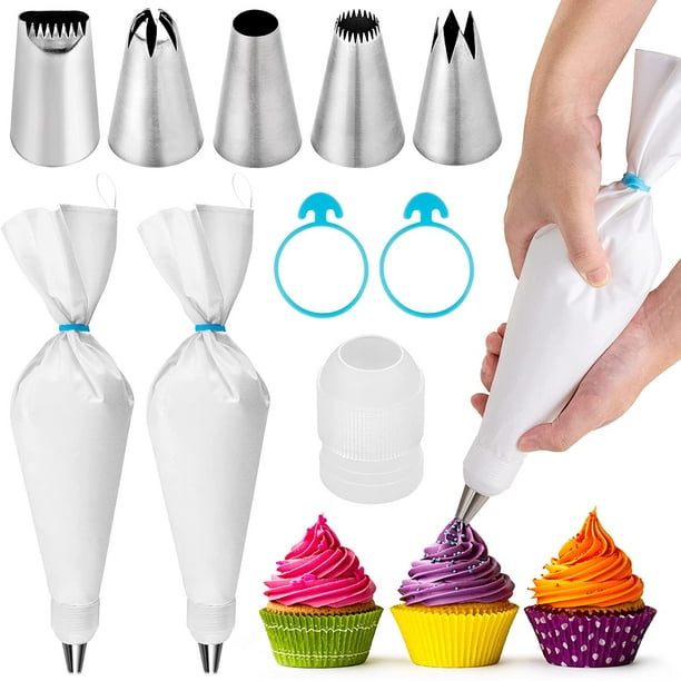 Juego de 2 Mangas Pasteleras Premium 5 Boquillas de Acero Inoxidable - Manga Pastelera de Algodón Reutilizable 40 cm - Calidad Profesional Duradera en Tela Fácilmente Lavable para Pastelería