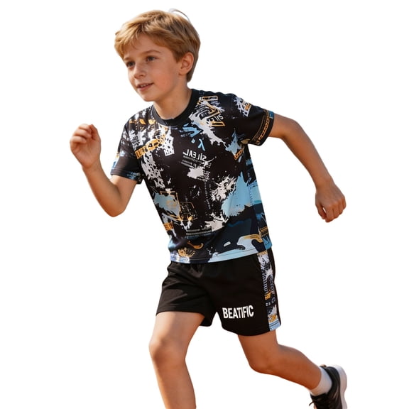 Bysome Boys Outfit Set Graphic Print Short Sleeve Crew Neck Tees With Shorts Athletic Set Breathable Boys Outfit Size 2-3 Years