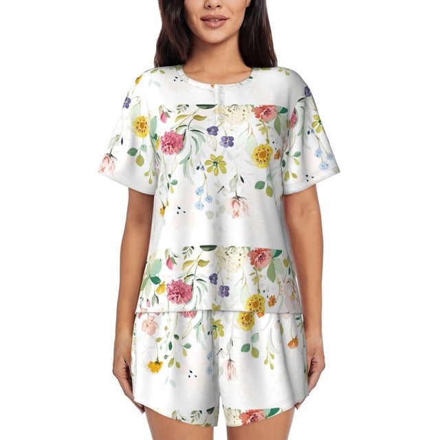 Fotbe Wildflowers Conjunto de Pijama Estampado para Mujer, 2 Piezas, Ropa de Dormir con Camiseta de Manga Corta y Shorts Suaves-Medium