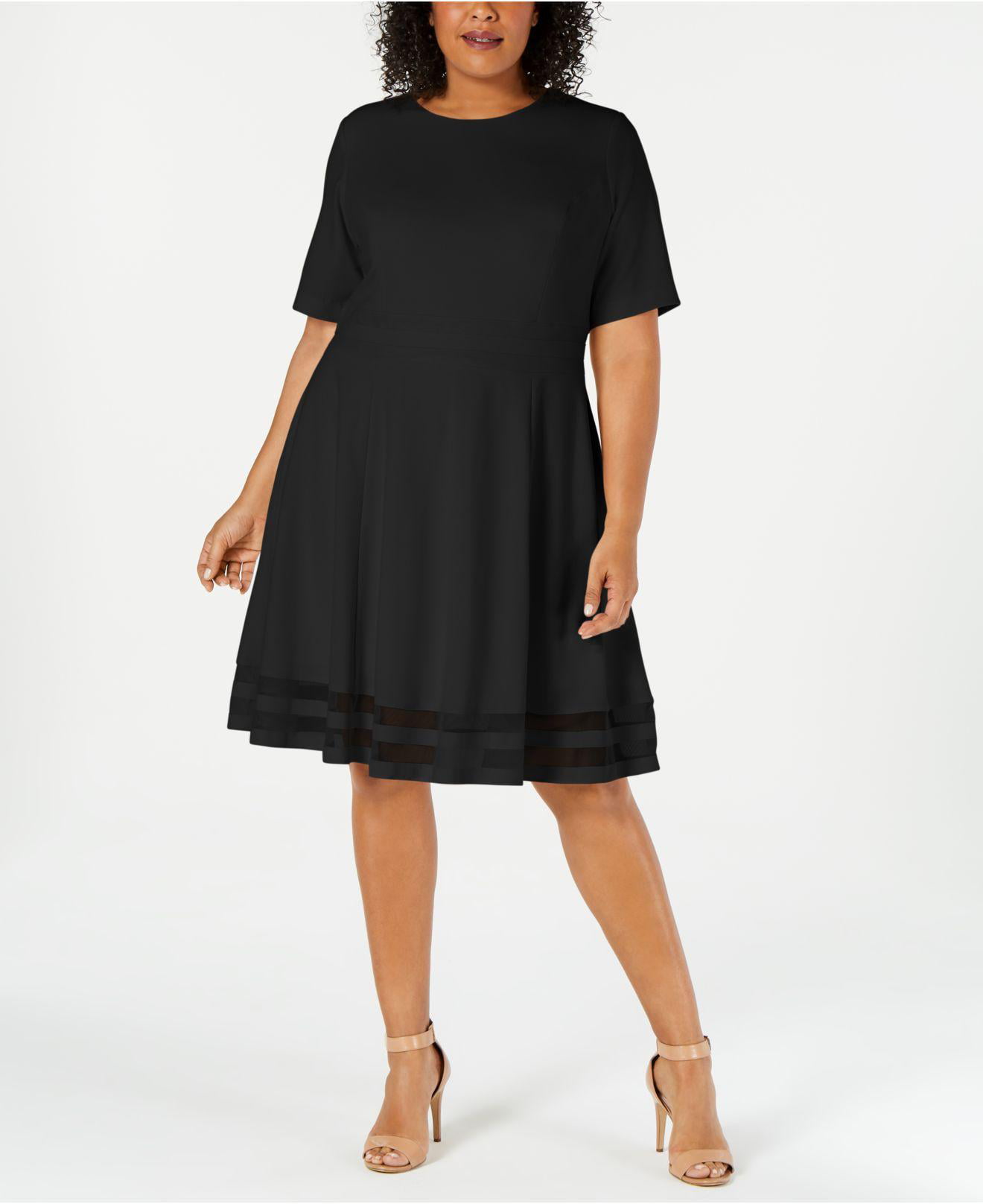CALVIN KLEIN Womens Black Sheer Zippered Short Sleeve Jewel Neck Knee  Length Cocktail Fit + Flare Dress Plus 18W 