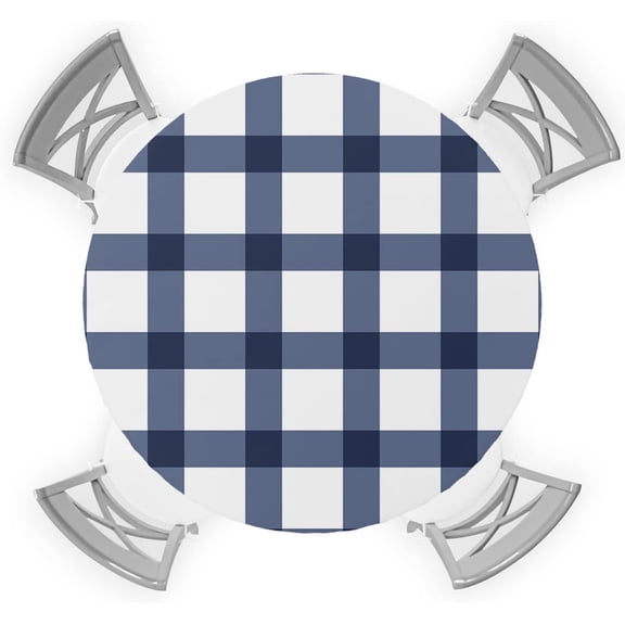 Round Table Cover 36-44 Inch, Waterproof Reusable Table Cloth Round Fitted Vinyl Tablecloth with Elastic Edged for Parties Outdoors, Farmhouse Style Blue and White Buffalo Checkered Plaid