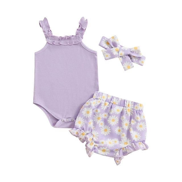 Gupgi Baby Girls Summer Shorts Sets 3 6 12 18 Months Infant Solid Color Sleeveless Ribbed Romper Daisy Print Shorts Headband Set