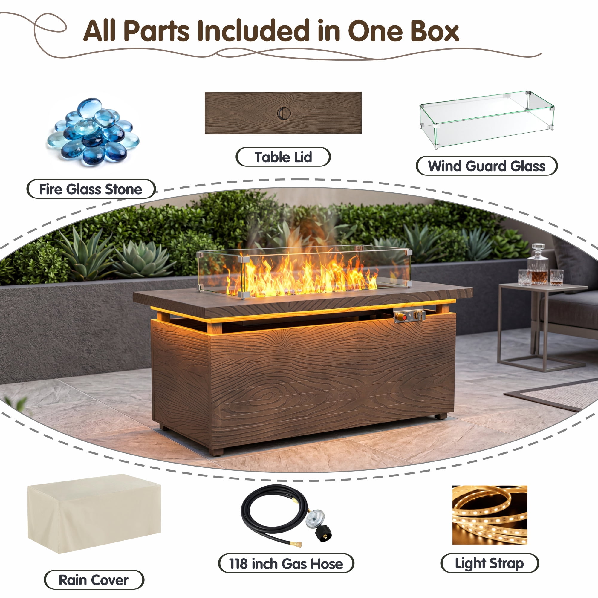 51 in. Propane Rectangular Fire Pit Table with LED Light, 50,000 BTU Coating Steel Tabletop Fire Pit (Brown Wood Grain)