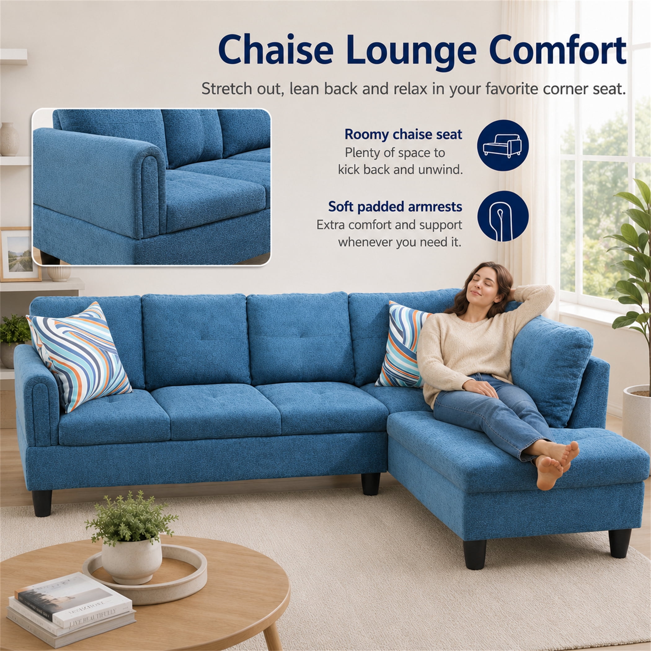 Aukfa 97" Classic Sectional Sofa 4 Seat L shape Couch with Oversized Right Chaise for Living Room, 2Pillows, Linen, Blue