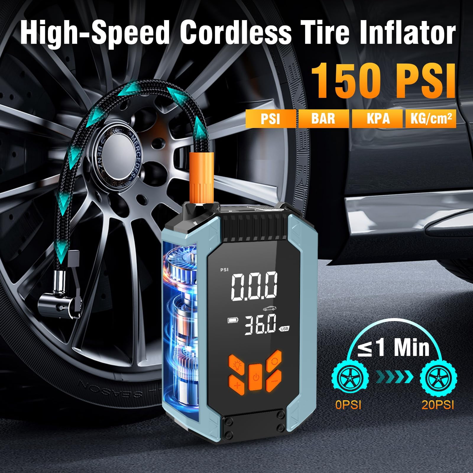 Portable Car Jump Starter 4000A Peak 12V with Air Compressor (150 PSI), Smart Jumper Cables, LED Light and LCD Display