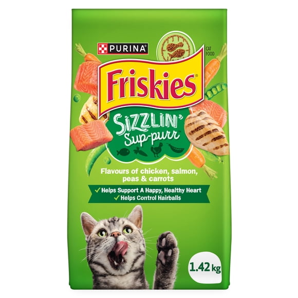 Friskies Sizzlin' Sup-purr Saveurs de poulet, saumon, petits pois et carottes, Nourriture Sèche pour Chats, 1.42 kg