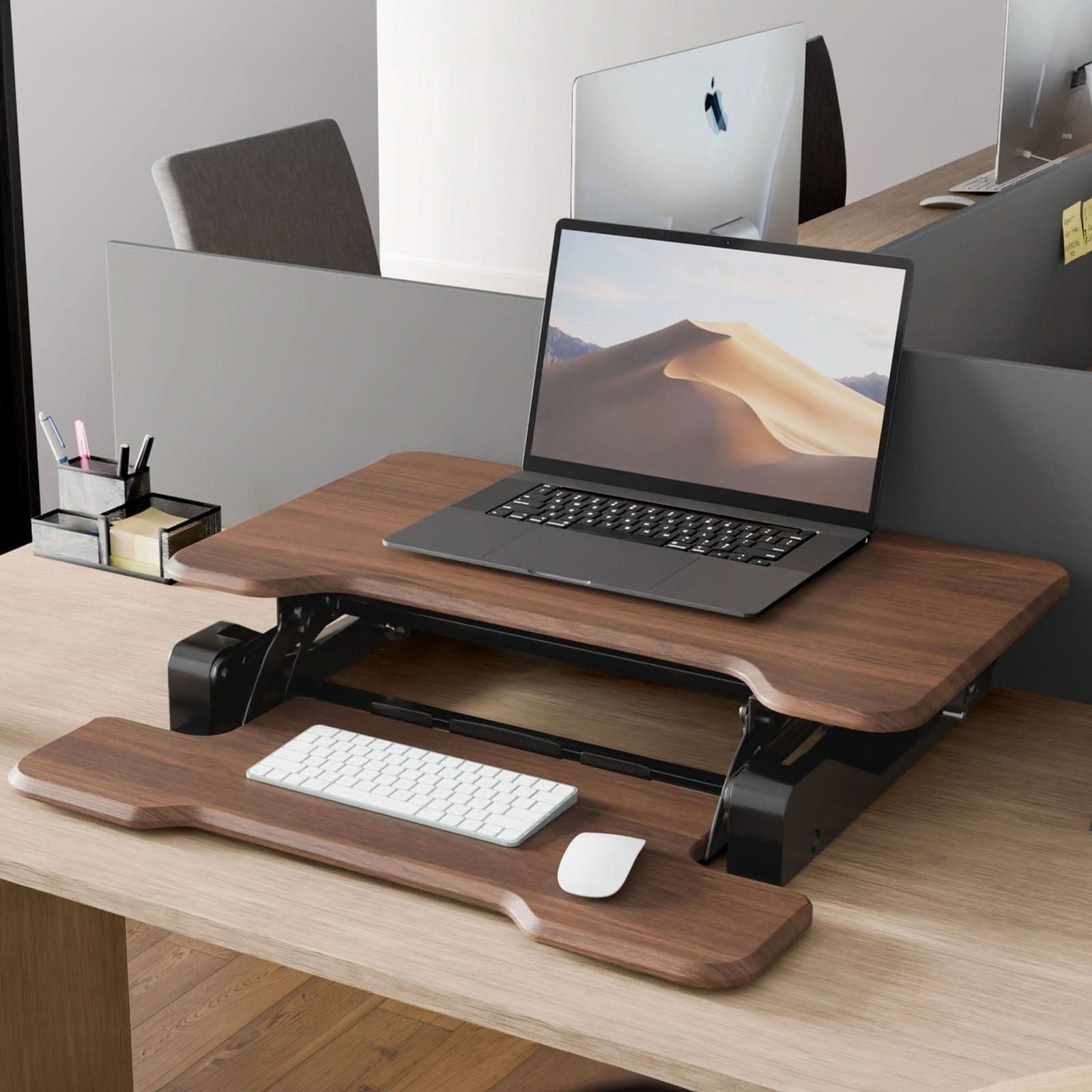 30'' Compact Standing Desk Converter – Height Adjustable Sit Stand Riser with Keyboard Tray, Gas Spring Lift – Ideal for Small Spaces, Home or Office, Dark Walnut