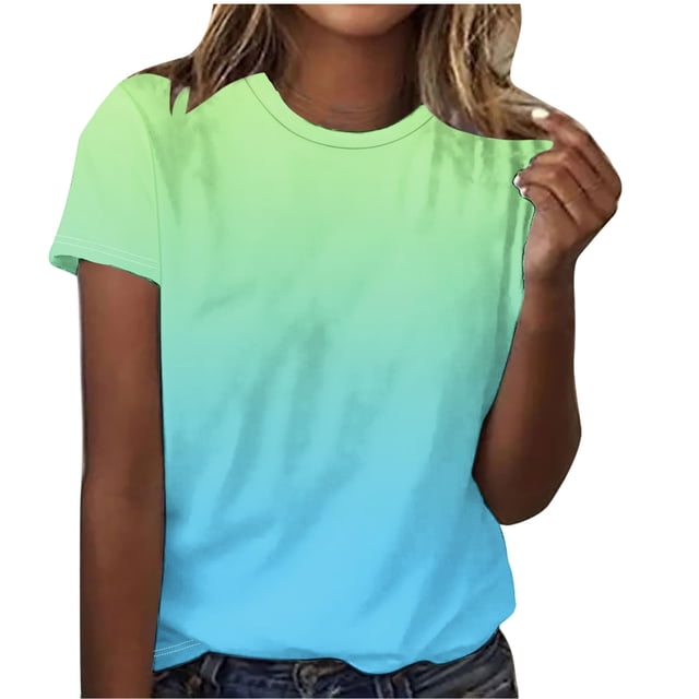 T-Shirts Dégradés Grande Taille pour Femmes Manches Courtes Mode Tendance T-Shirt Décontracté Col Rond Coton Y2k Tops Vert, TG