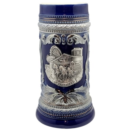 1 Liter | OktoberfestHaus Oktoberfest Stein Bier Krug Cobalt Blue Ceramic Stein With Metal Medallion Of German Draft Horses and Wagon Oktoberfest Souvenir and Oktoberfest Beer Mug