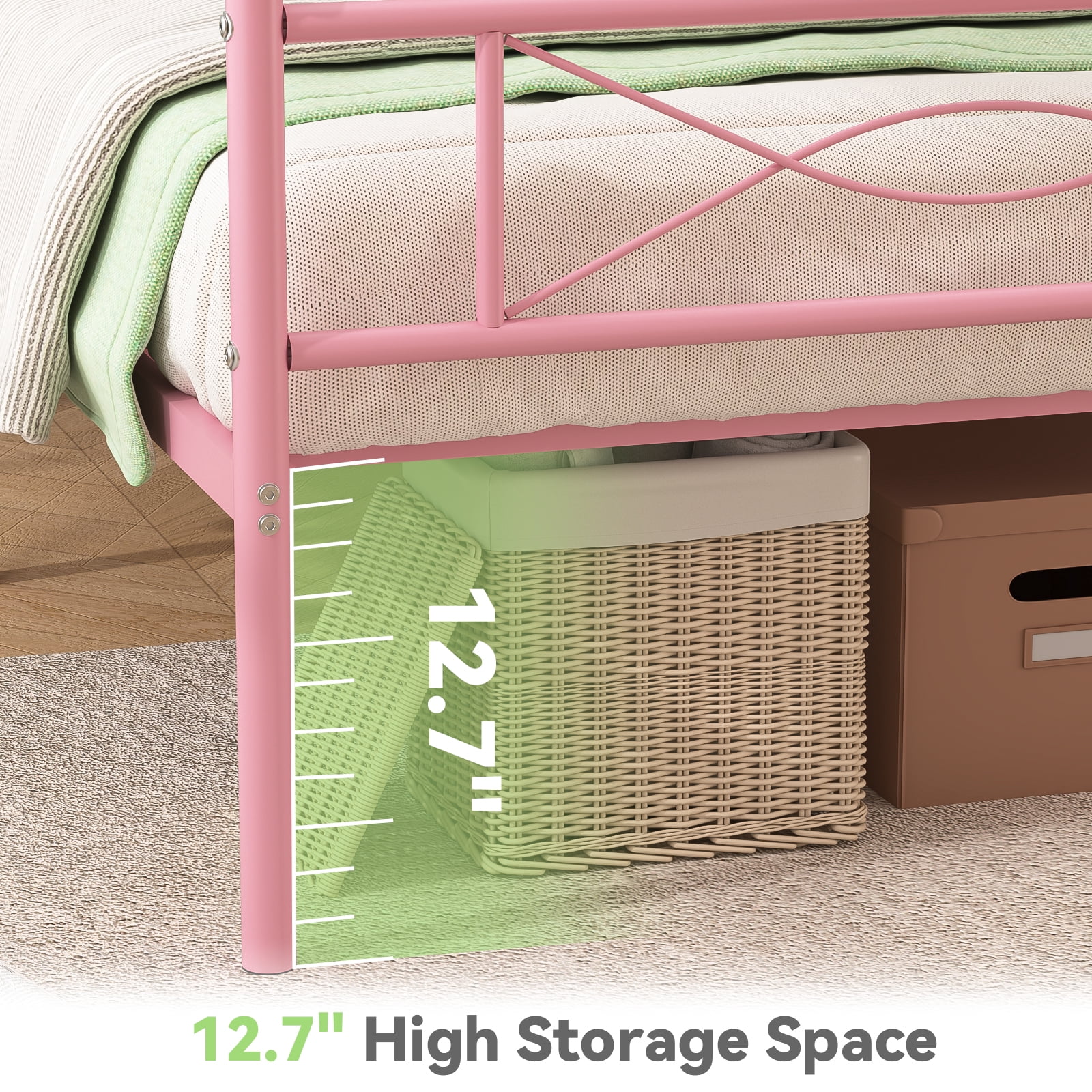 Mintazer Kids Twin Metal Platform Bed Frame with Cute Bowknot Headboard & Footboard for Boys Girls Teens, Pink