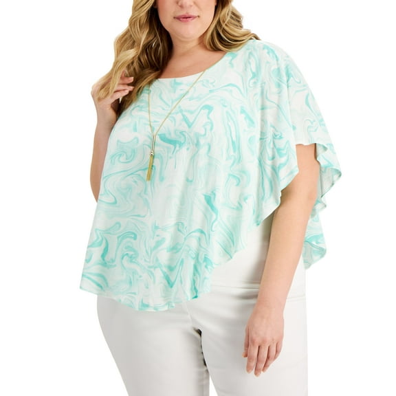 JM Collection Plus Size Printed Necklace Poncho Top Beveled Glass 1X