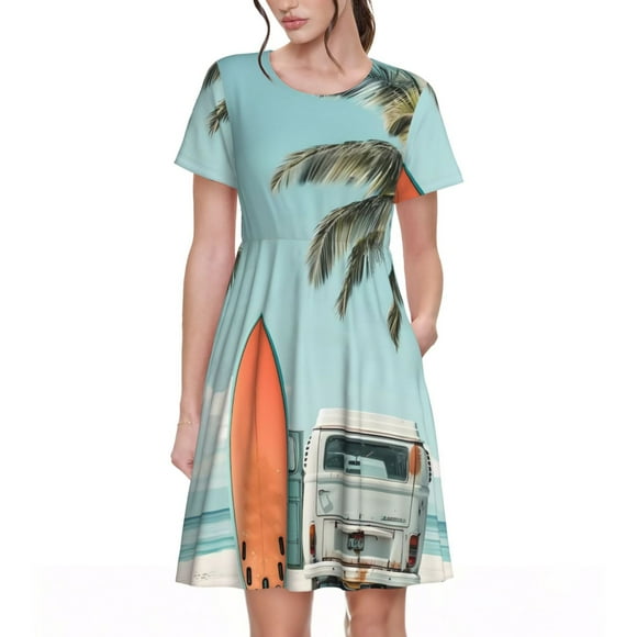 Sikiie Vintage Surf Van Beach Print Women's Short-sleeved Dress, Round Neck Slim Knee-length Dress, Summer Clothing Suitable for Daily Leisure and Vacation
