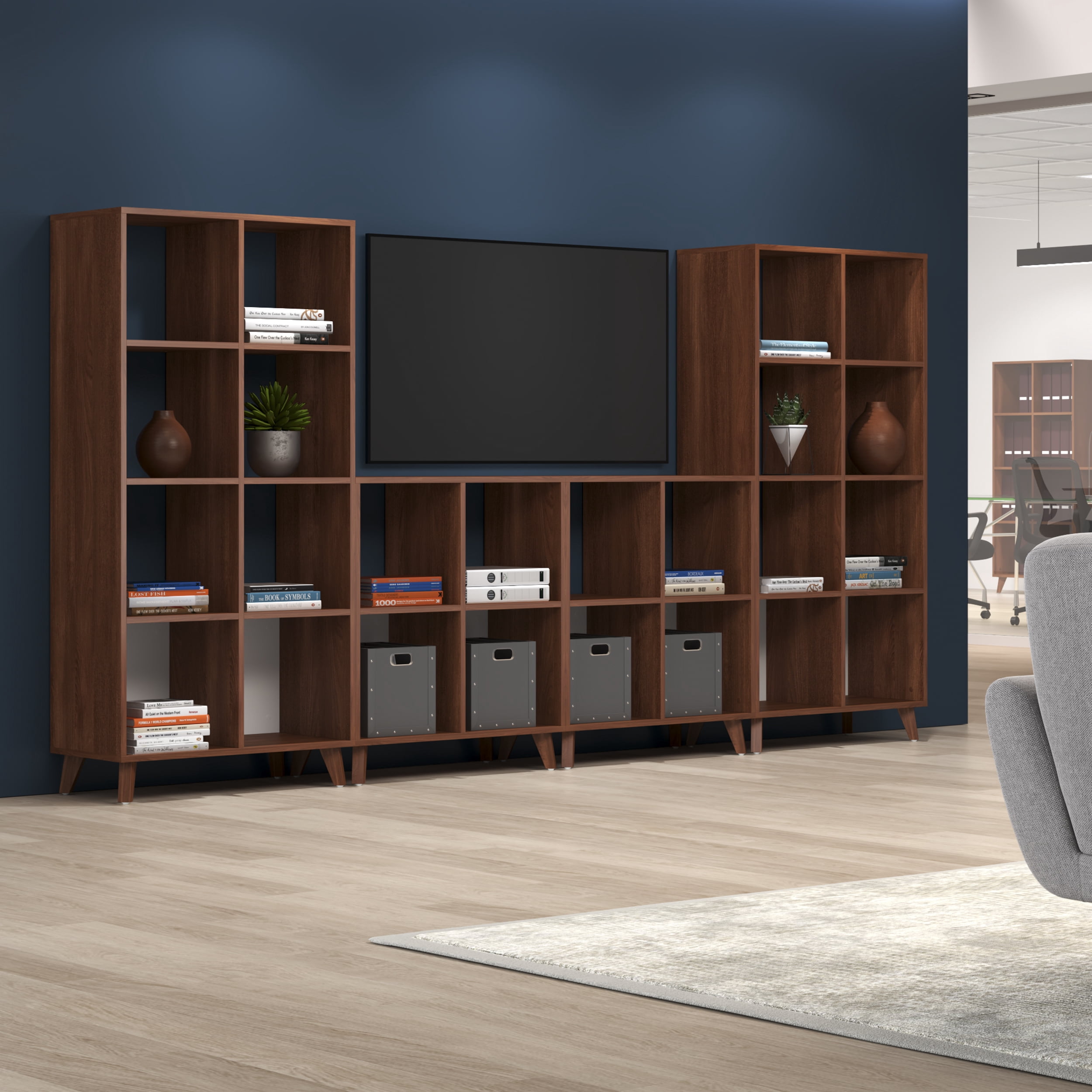 HON Basyx Commercial-Grade 66" High Modern Cube Bookcase, Real Wood Feet, Light Walnut (BSXCUBETLWLW)