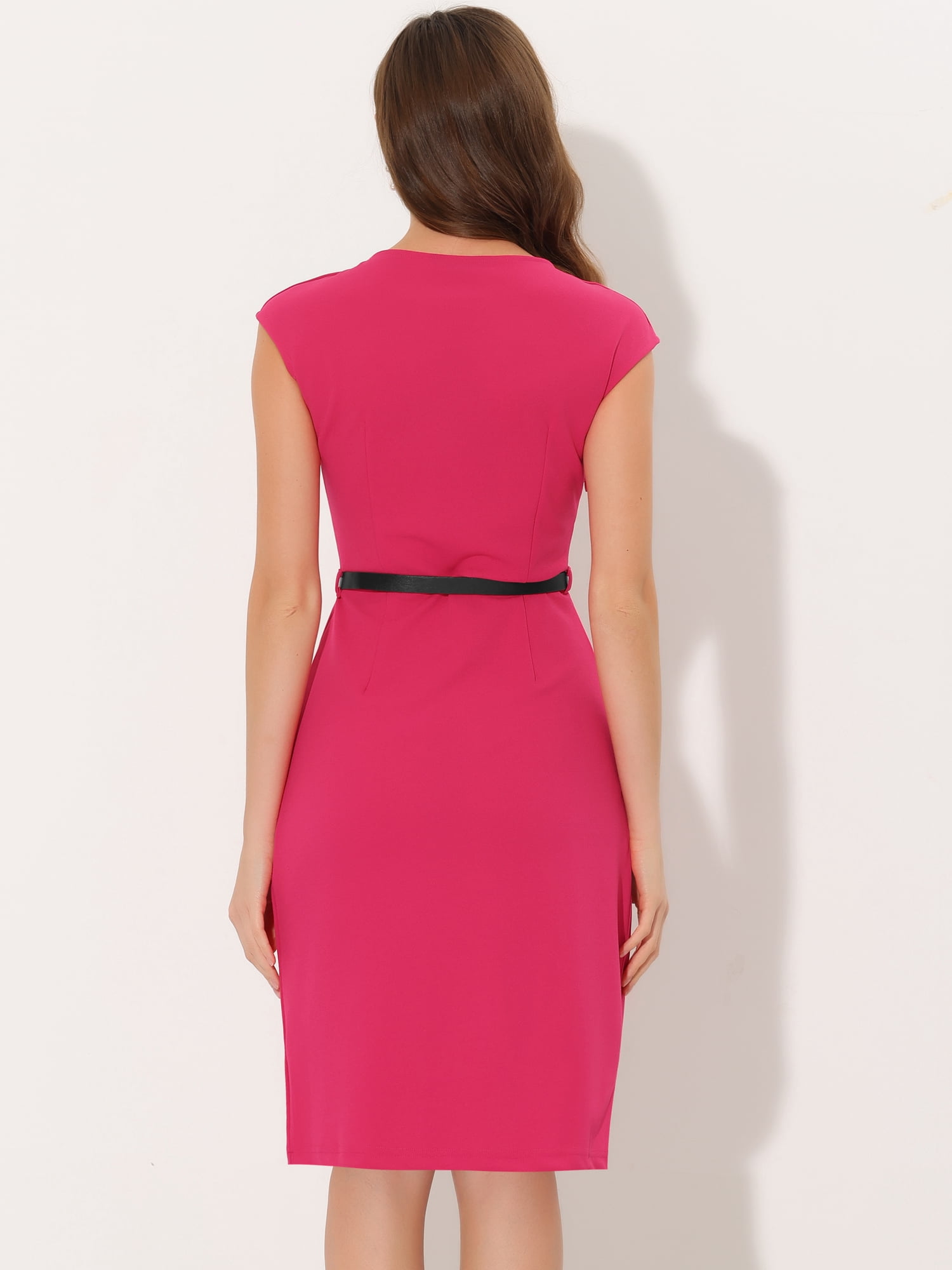 DARING DIVA Elegant Round Neck Cap Sleeve Belted Work Sheath Dresses XL Hot Pink