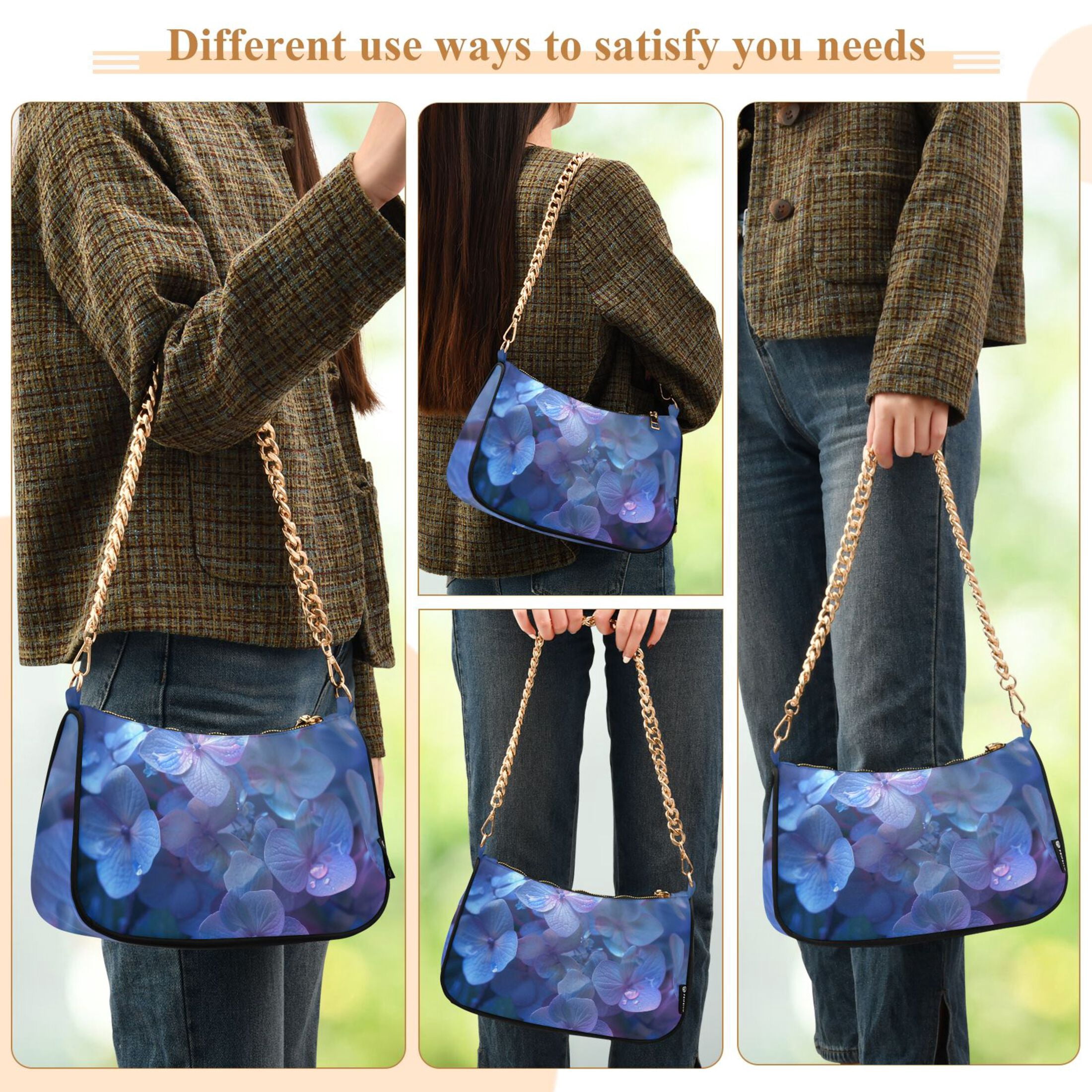 Ryvnso Hydrangeas with Water Drop Womens Chain Shoulder Bag Tote Handbags Clutch Hobo Purse with Zipper for Travel