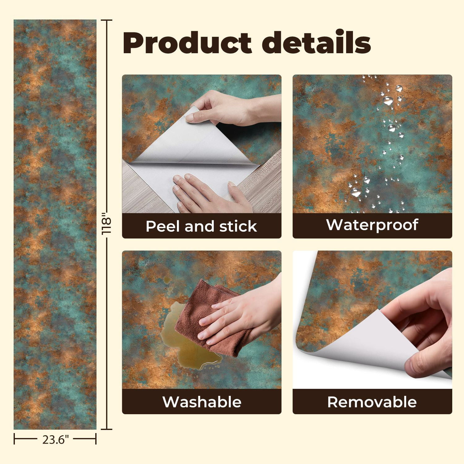 Peel and Stick Wallpaper Abstract Turquoise Copper Metallic Texture Weathered Wall Mural 23.6in x 9.8ft Self Adhesive Removable Wall Paper Renter Friendly Wallpaper for Nursery Bedroom Cabinets