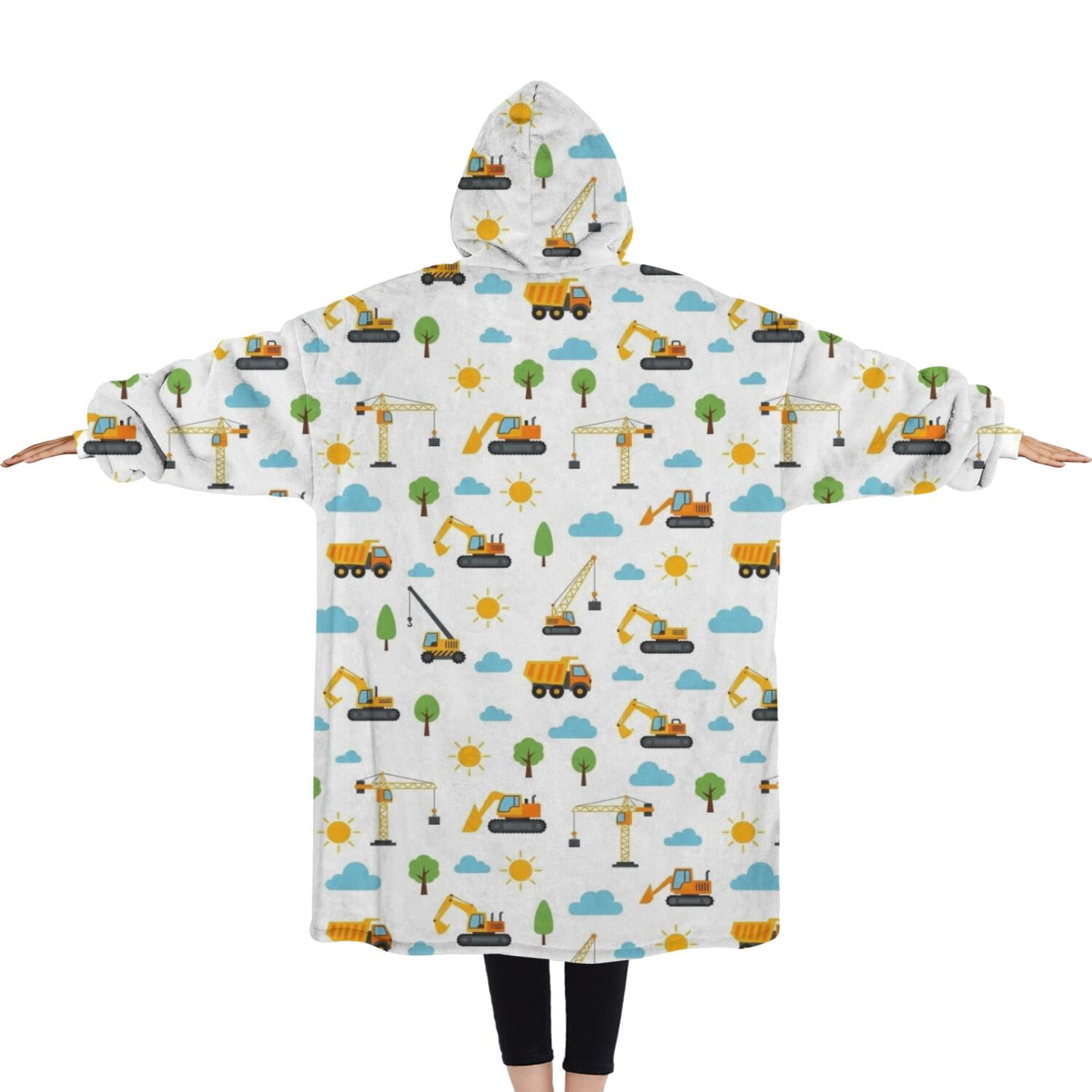 Oversized Wearable Blanket Hoodie,Cartoon Construction Vehicles Suns Sherpa Blanket Hoodie with Super Pockets,Super Warm Fuzzy Pullover for Women & Men