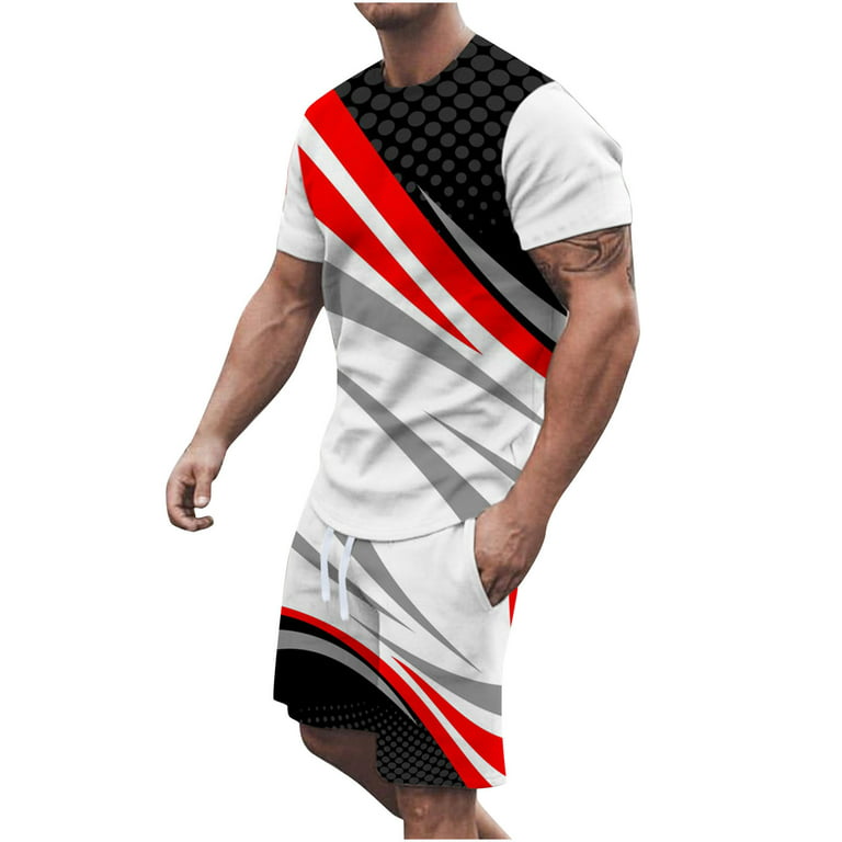 skapbo Men Summer Two Pieces Shorts Outfits - Stripe Short Sleeve Top +  Short Pant Exercise Running Tracksuits 