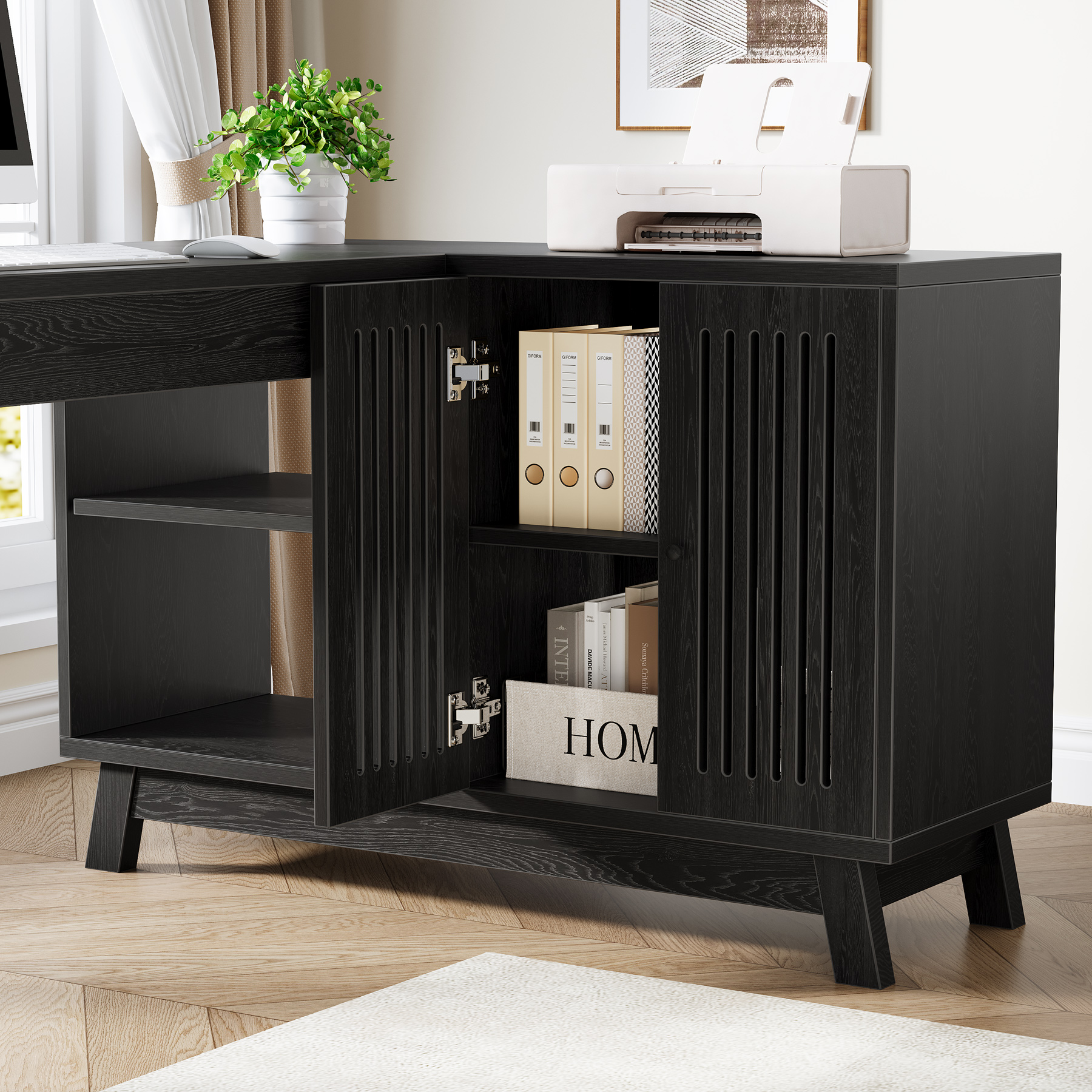 Tribesigns 57-Inch Wood L-Shaped Corner Computer Desk, Study Writing Table with Storage Shelves, Workstation with Cabinet for Home Office, Black