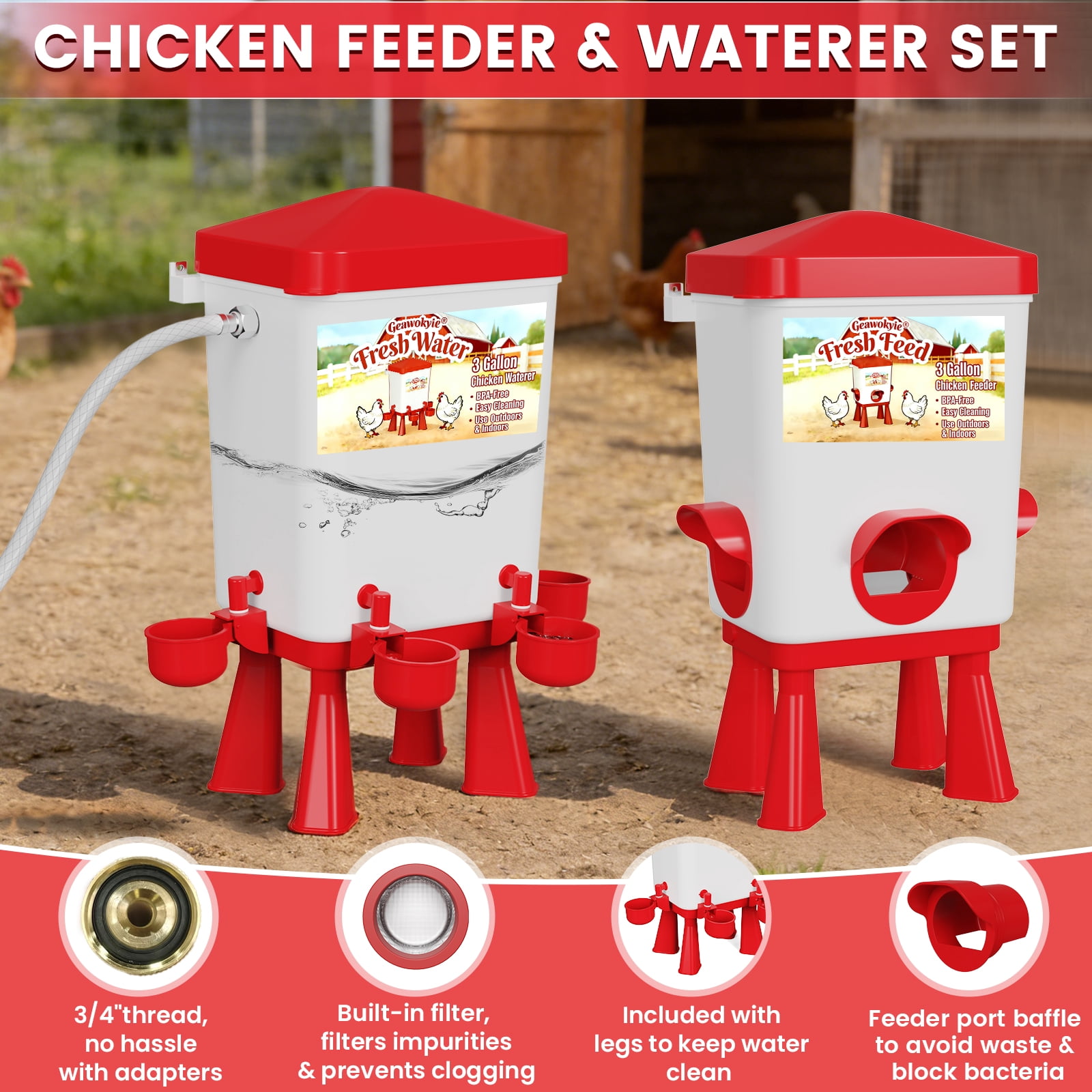 Chicken Feeder and Waterer Set - Automatic Float Valve Waterer with Built-in Filter,  Poultry Feeding & Watering Equipment for Chickens, Ducks, Geese, Chicken Coop Accessories(Red)