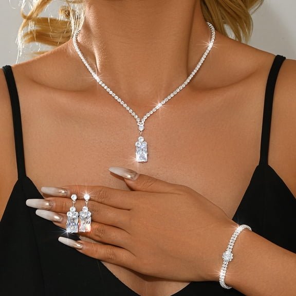 AEXTO Luxury Iced Out Clear Rhinestone Jewelry Set for Women Solitaire Pendant Necklace, Dangle Earrings, Eternity Band Ring Tennis Bracelet – Silver Tone Sparkly Wedding Party Accessories