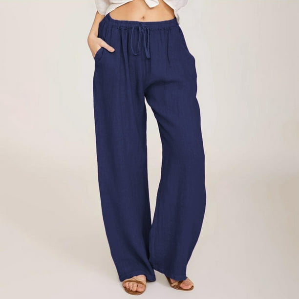 WILLBEST Pantalones Casuales de Mujer, Pantalones Anchos, Cintura Larga, Cordón Ajustable, Lino, Elásticos, Pierna Lisa, Cómodos para Uso Diario. XXXL