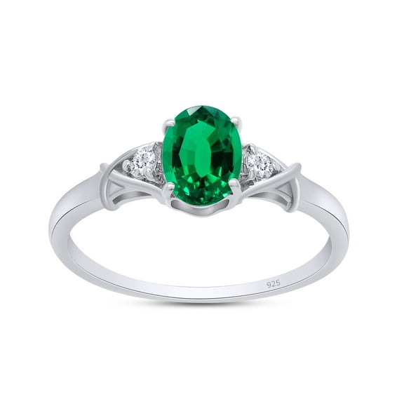 2 Tone 14K White Gold Plated 925 Sterling Silver Oval Shape Green Nano Emerald and Round Shape Lab Grown Diamond Women Ring (0.85 Cttw) Ring Size - 4