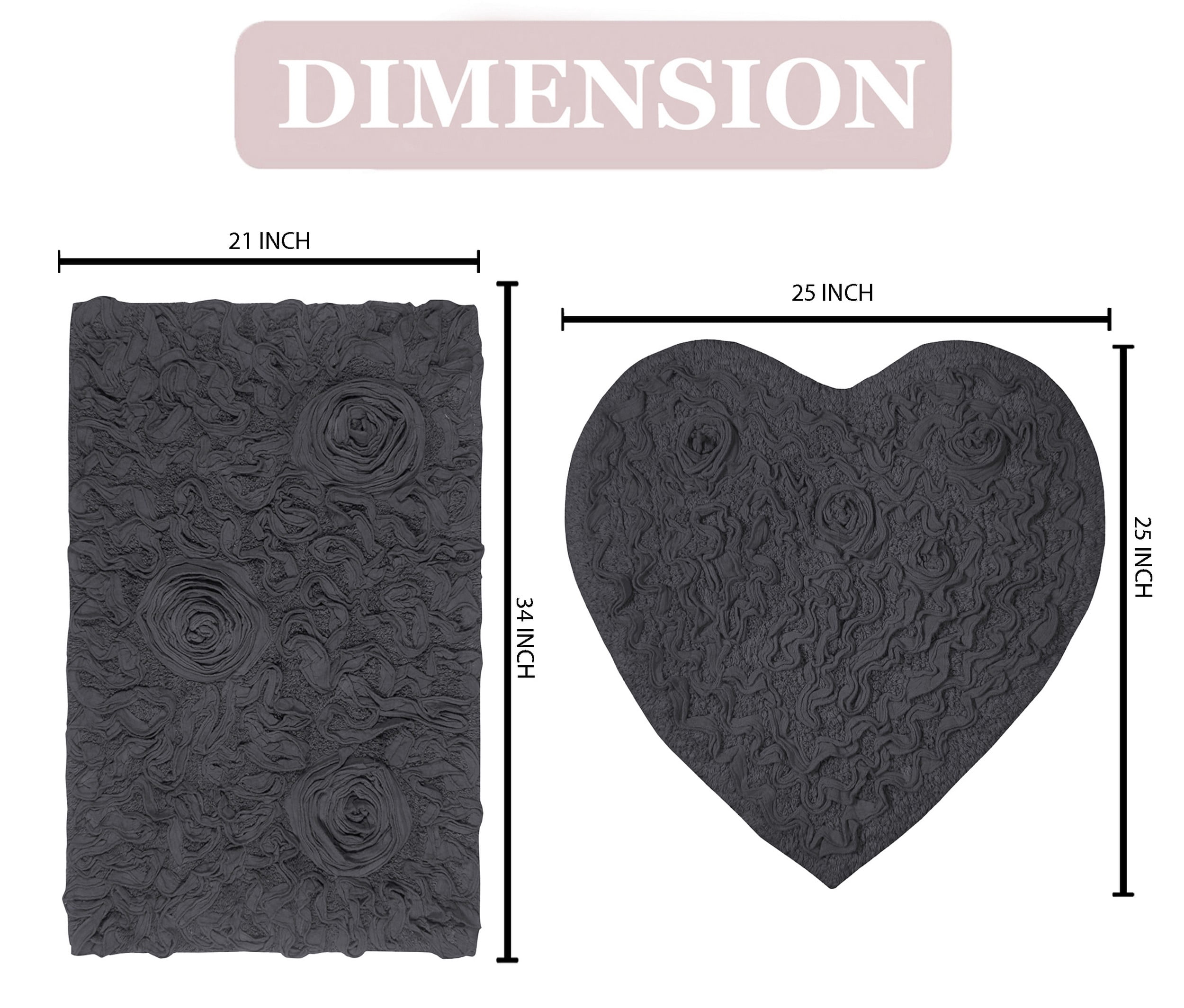 Home Weavers Bell Flower Collection 100% Cotton Non-Slip Bathroom Rug Set Machine Washable Heart Shape Bath Rug-25"x25", Bath Rug- 21"x34", Gray Color 2 Piece Bath Carpet set
