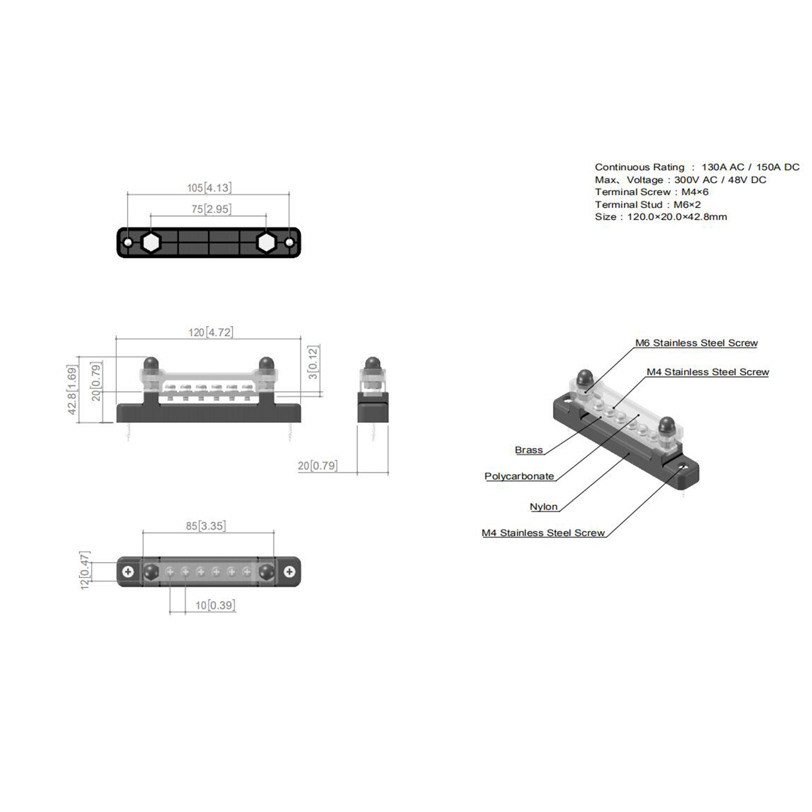 6 Way 48V 150A Bus Bar w/ 12pcs Power Distribution Terminal Block For Car Marine