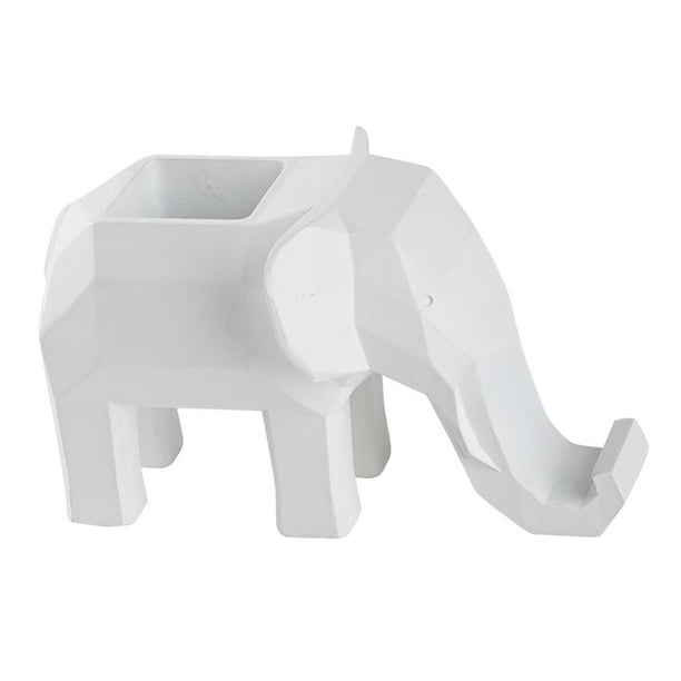 Figura de elefante geométrica, adorno de mesa, portalápices, artesanía coleccionable Blanco