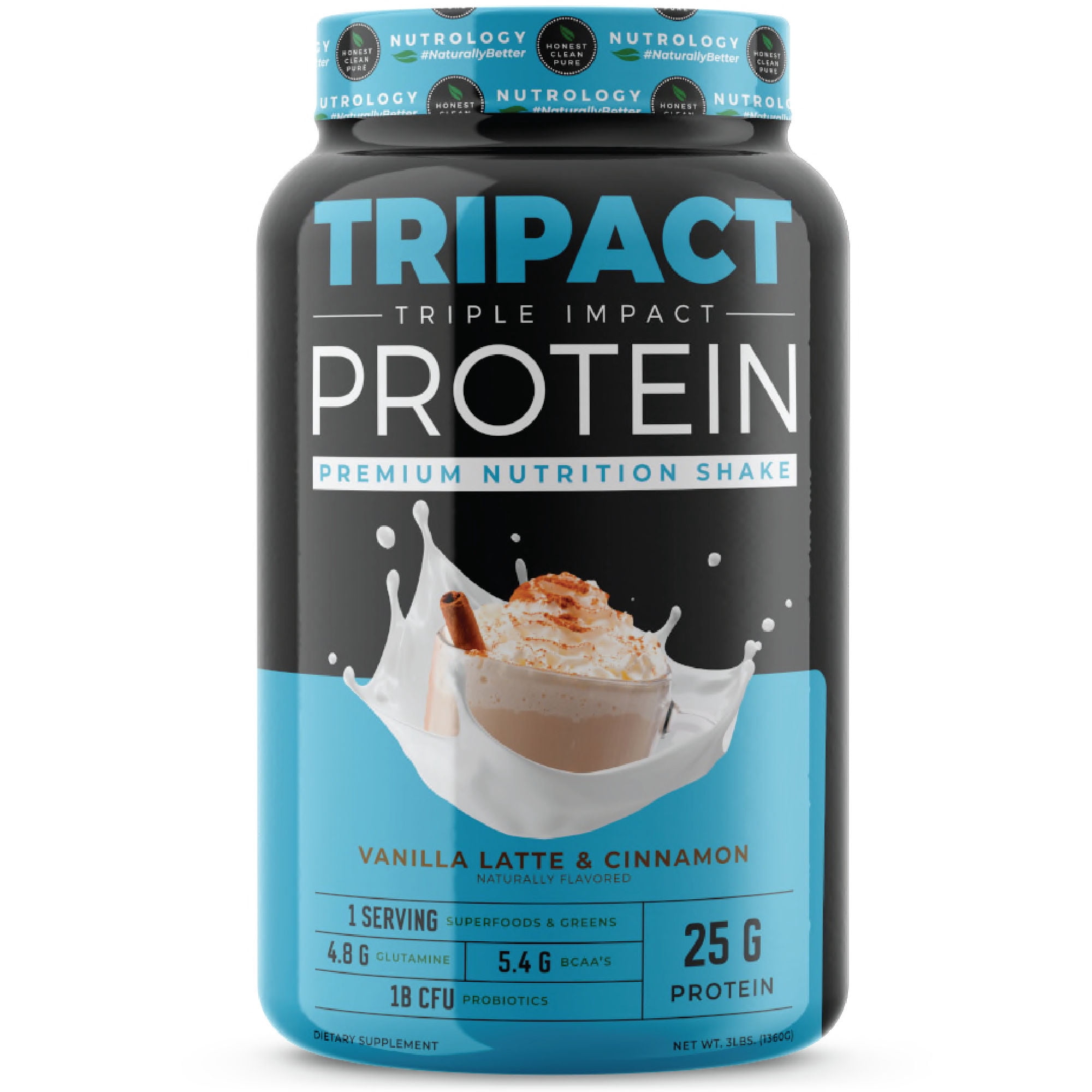 TRIPACT PROTEIN - Premium Nutrition Shake - Non-GMO Grass Fed Whey Protein, Plant Proteins, Greens, Superfoods and Probiotics–Lean Muscle-Recovery-Boost Performance -Vanilla Latte with Cinnamon 3lb.