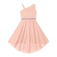 thumbnail image 3 of YEAHDOR Girls One Shoulder Bridesmaid Birthday Party Rhinestones Belt Irregular Hem Swing Dress Coral Pink 12, 3 of 5