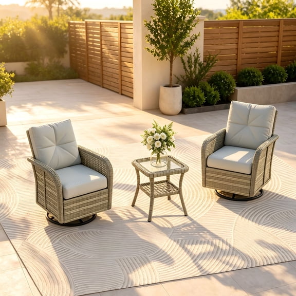 LazySunsets 3 Pieces Outdoor Patio Furniture Set, Rattan Wicker Sectional Swivel Rocker Chairs Sets, Light Gray/Yellow