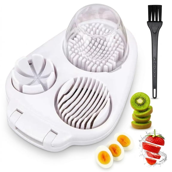 3 in 1 Egg Slicer for Hard Boiled Eggs with Cleaning Brush, Multipurpose 3 Way Cutter with 3 Slice Modes, White ﻿