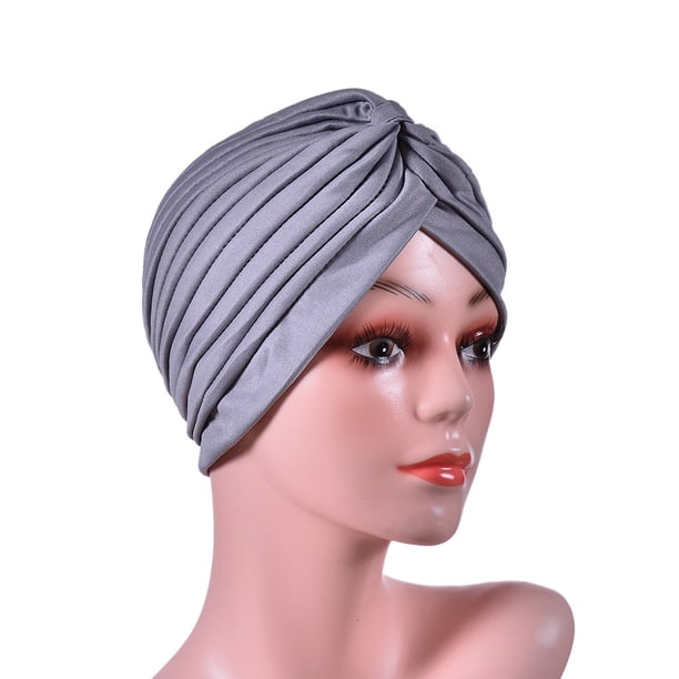 Gorro liso suave con nudo preatado, turbante plisado a la moda, gorro para dormir, gorro de Yoga(Gris claro)(1 pieza)
