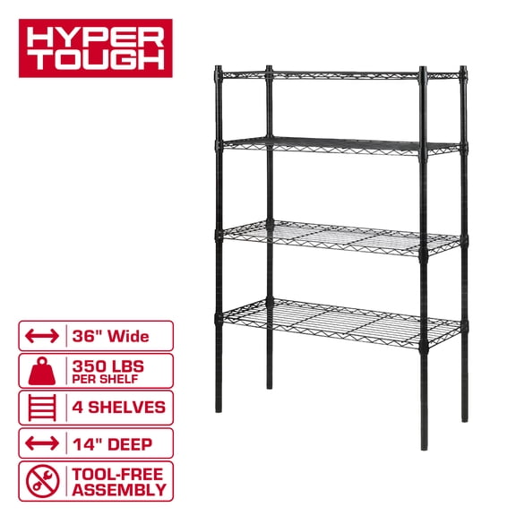 Hyper Tough 4-Tier Wire Shelf Unit, 36 in W x 14 in D x 54 in H, 1400 lb Load Capacity, Black
