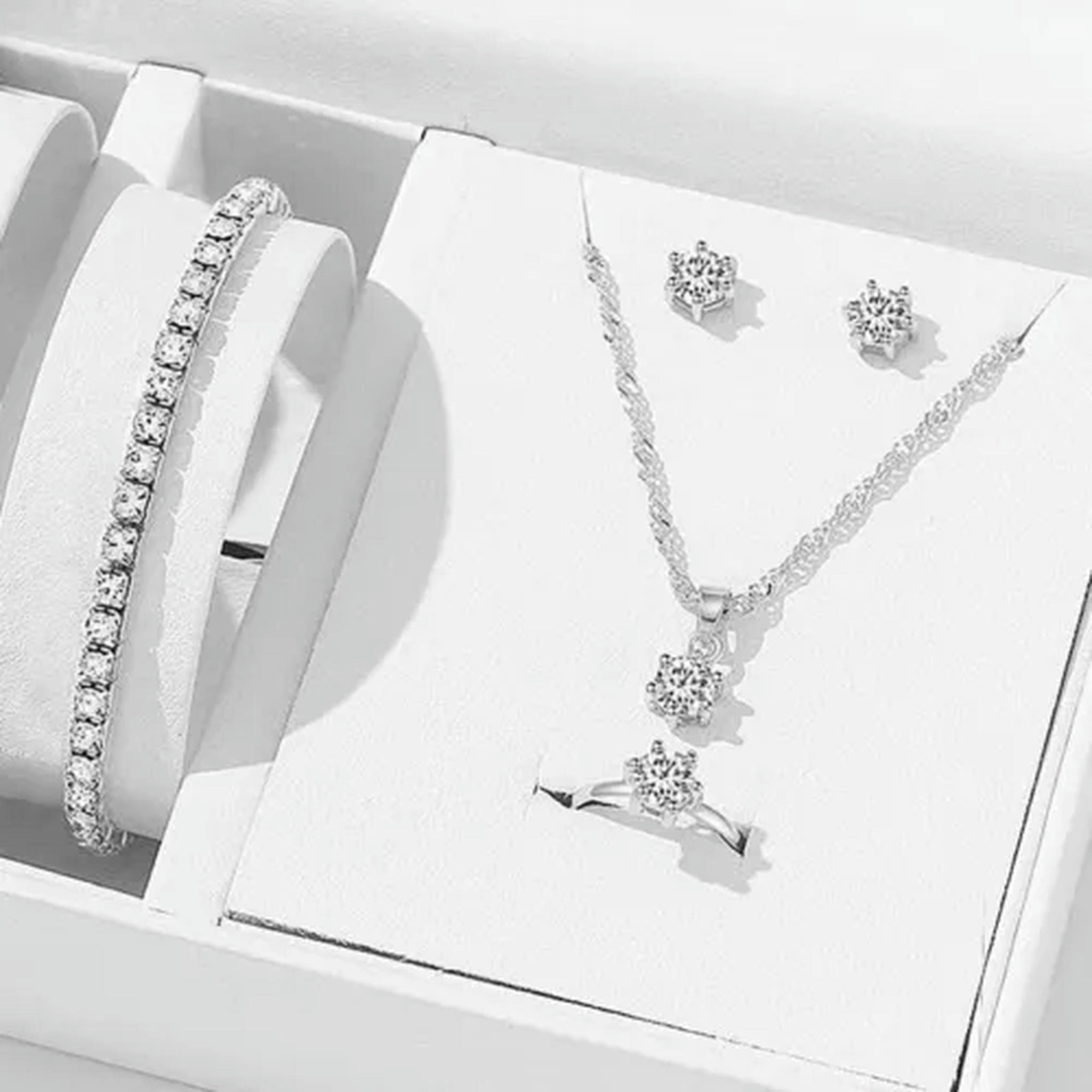 Silver Wedding Charm Jewelry Set – Pendant, Bracelet, Necklace With Crystal Stone