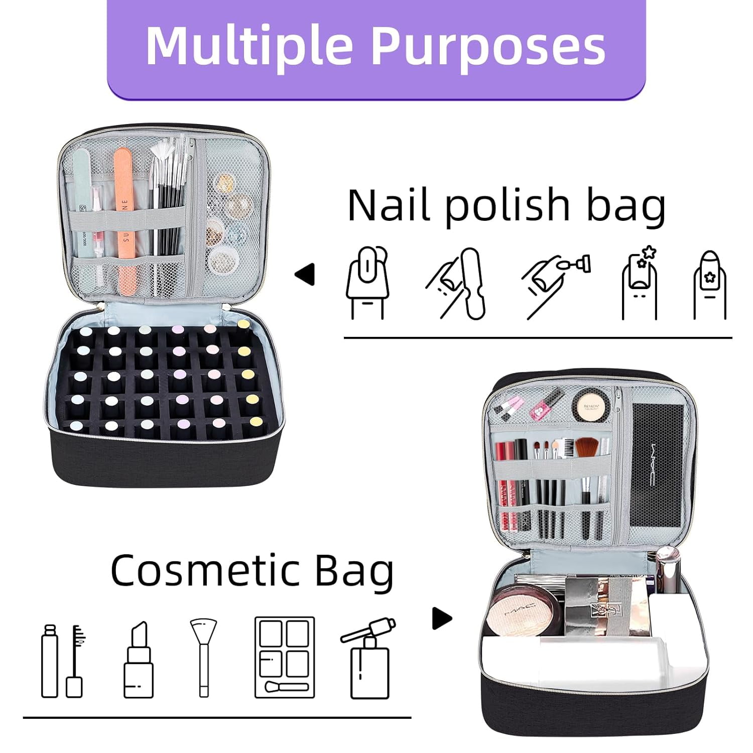 Nail Polish Organizer, Double-Layer Nail Polish Storage with Adjustable Dividers, Portable Nail Polish Bag for Nail Gel Nail Lamp and Manicure Tools Essential and Travel(Black)