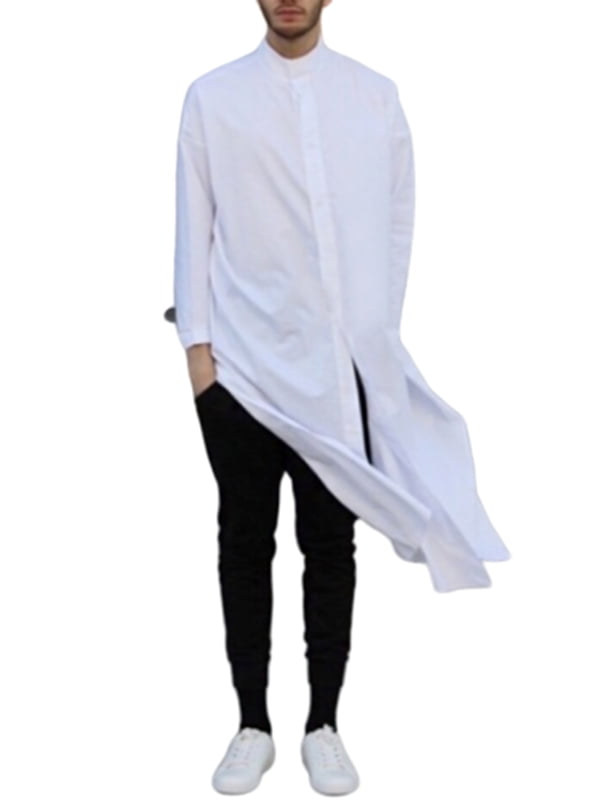Men's Long Sleeve Kaftan Shirt Button Down Causal Knee Length Tunic